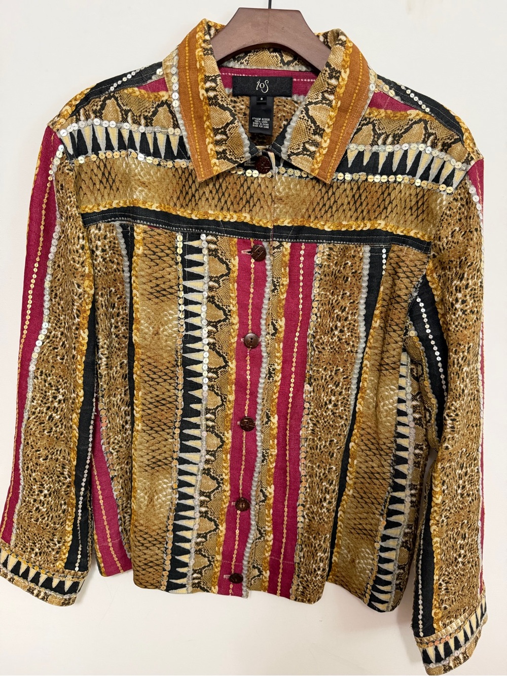 iOS 100% Linen Sequin Animal Print Patchwork Jacket Small